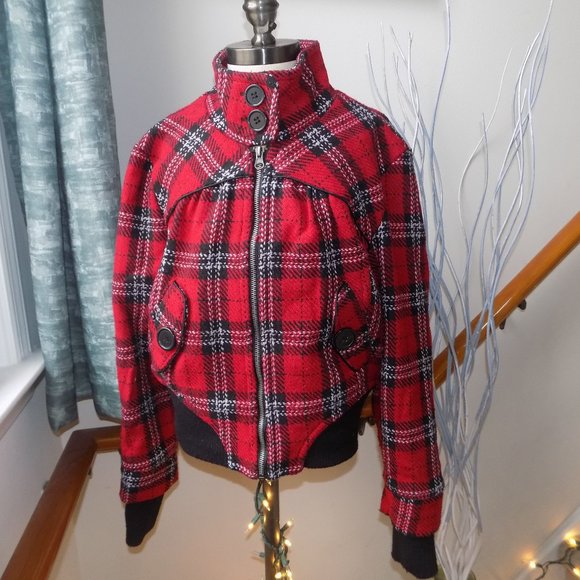 Wet Seal Plaid Checkered Tweed Bomber Jacket Red Black & White Size Large - Picture 1 of 4